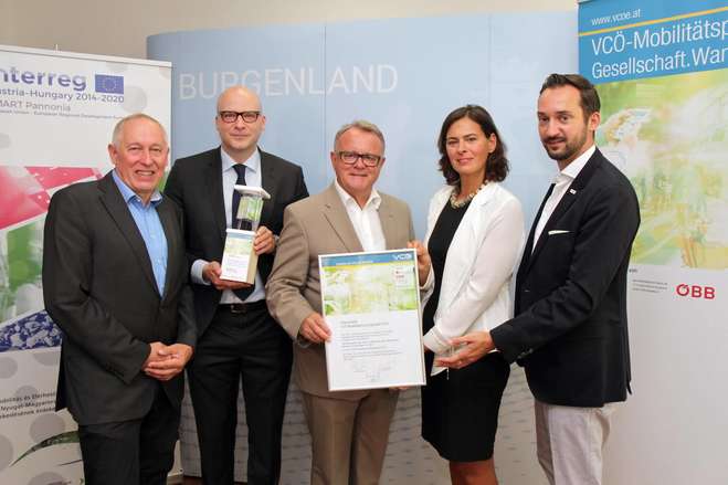 VCÖ-Geschäftsführer Willi Nowak, Dr. Stefan Schindler, GF Neusiedler See Tourismus GmbH, Landeshauptmann Hans Niessl, Mag.a Silvia Angelo, Vorstandsdirektorin ÖBB-Infrastruktur AG, Thomas Bohrn, MBA, Geschäftsführer VOR