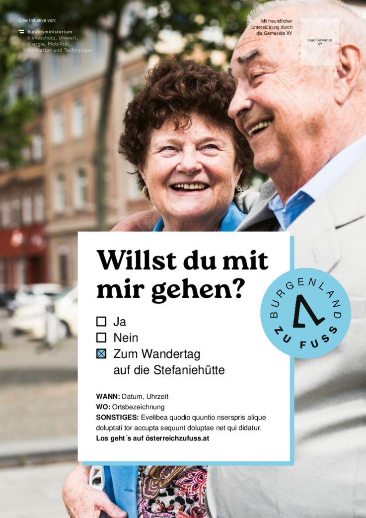 Poster "Willst du mit mir gehen" mit älterem lachenden Paar im Hintergrund